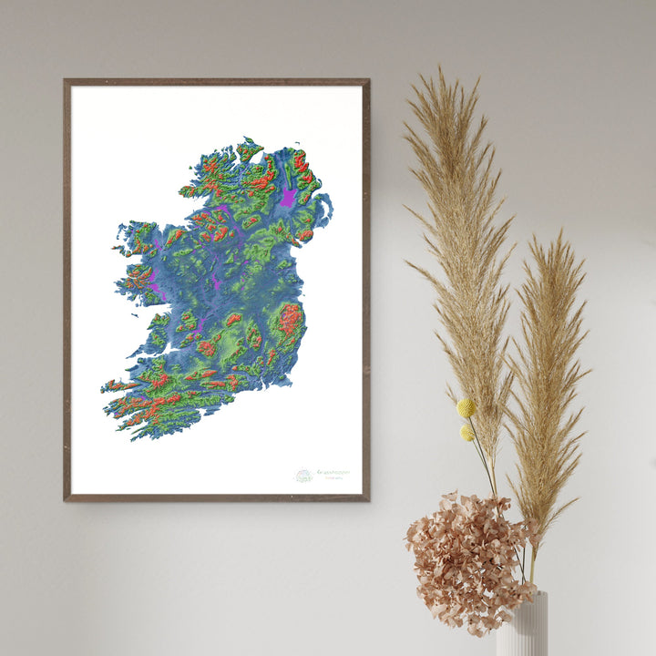 A ilha da Irlanda - Mapa de elevação, branco - Impressão de belas artes