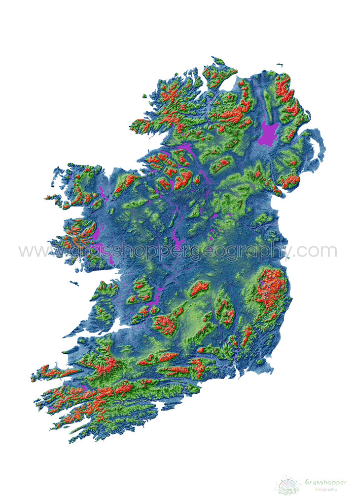 La isla de Irlanda - Mapa de elevación, blanco - Impresión de Bellas Artes