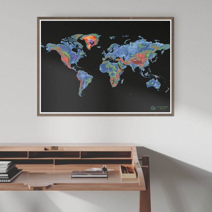 El mundo - Mapa de elevación, negro - Impresión de Bellas Artes