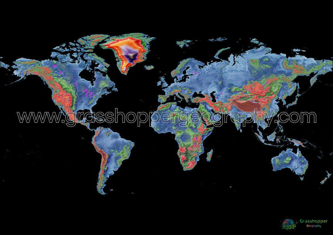 Elevation map of the world with black background - Fine Art Print