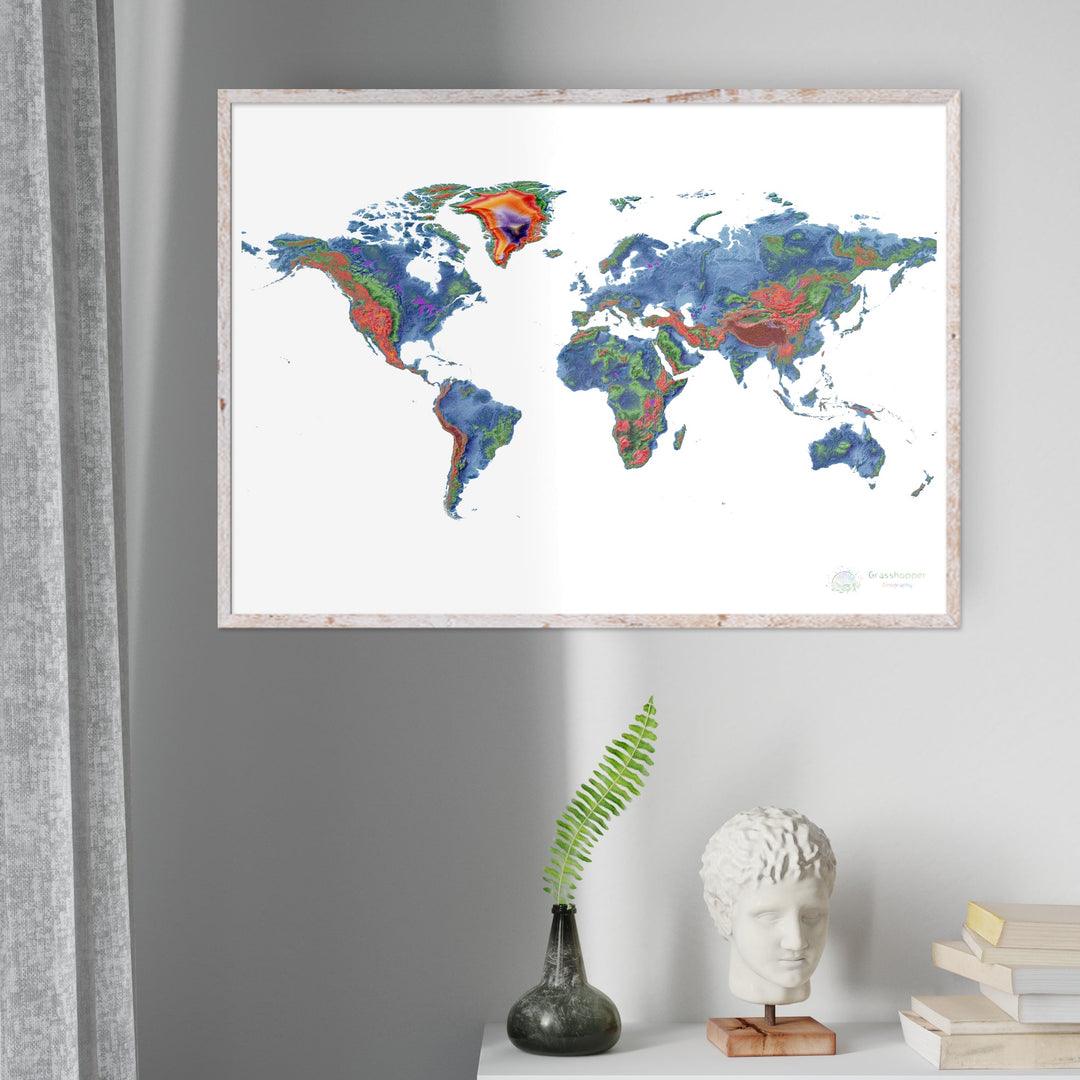 Elevation map of the world with white background - Fine Art Print