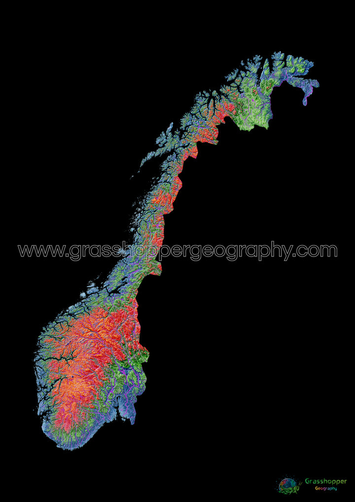 Elevation map of Norway with black background - Fine Art Print