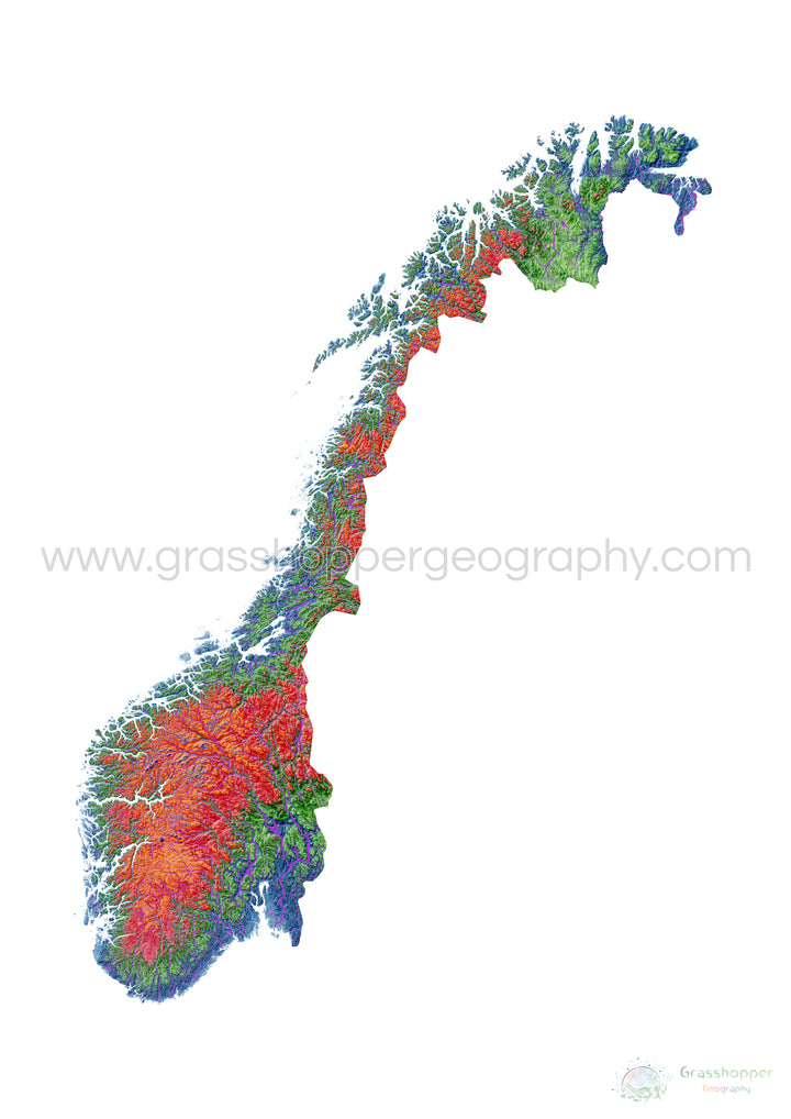 ノルウェー - 標高地図、白 - ファインアートプリント