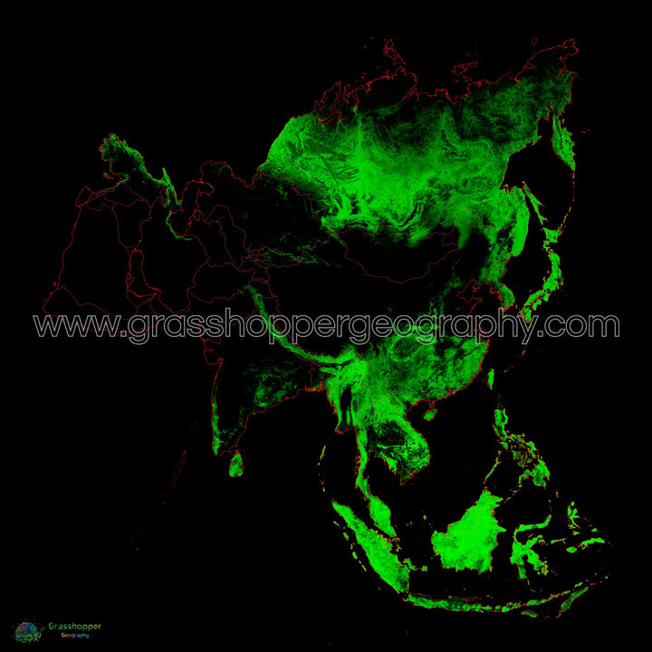 Asia - Mapa de cobertura forestal - Impresión de bellas artes