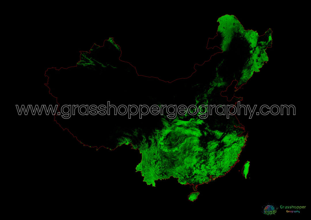 Chine et Taïwan - Carte du couvert forestier - Tirage d'art