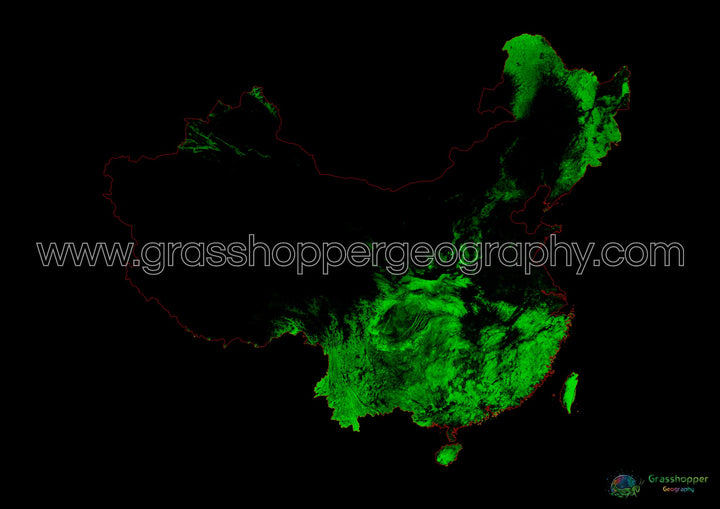 Chine et Taïwan - Carte du couvert forestier - Tirage d'art