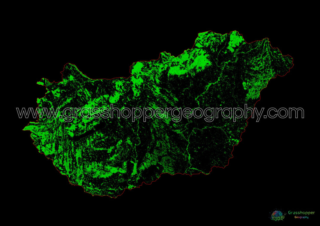 Hungría - Mapa de cobertura forestal - Impresión de bellas artes