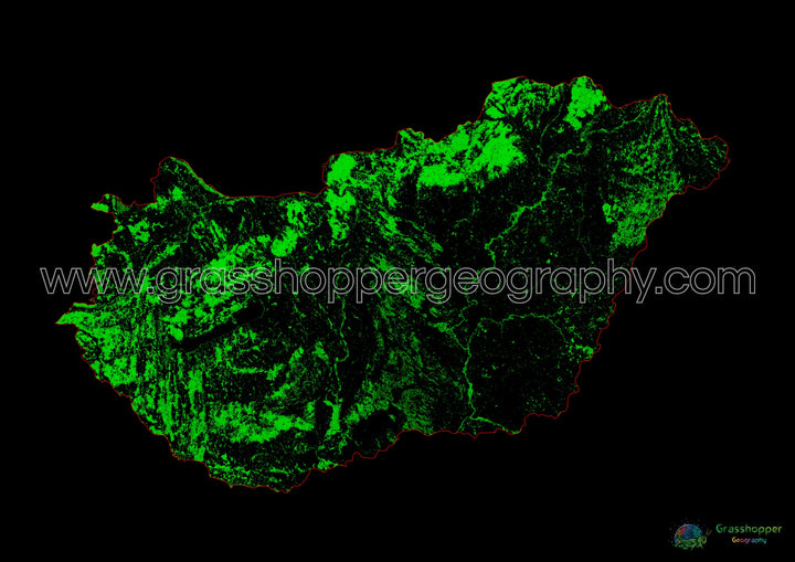 Hungría - Mapa de cobertura forestal - Impresión de bellas artes