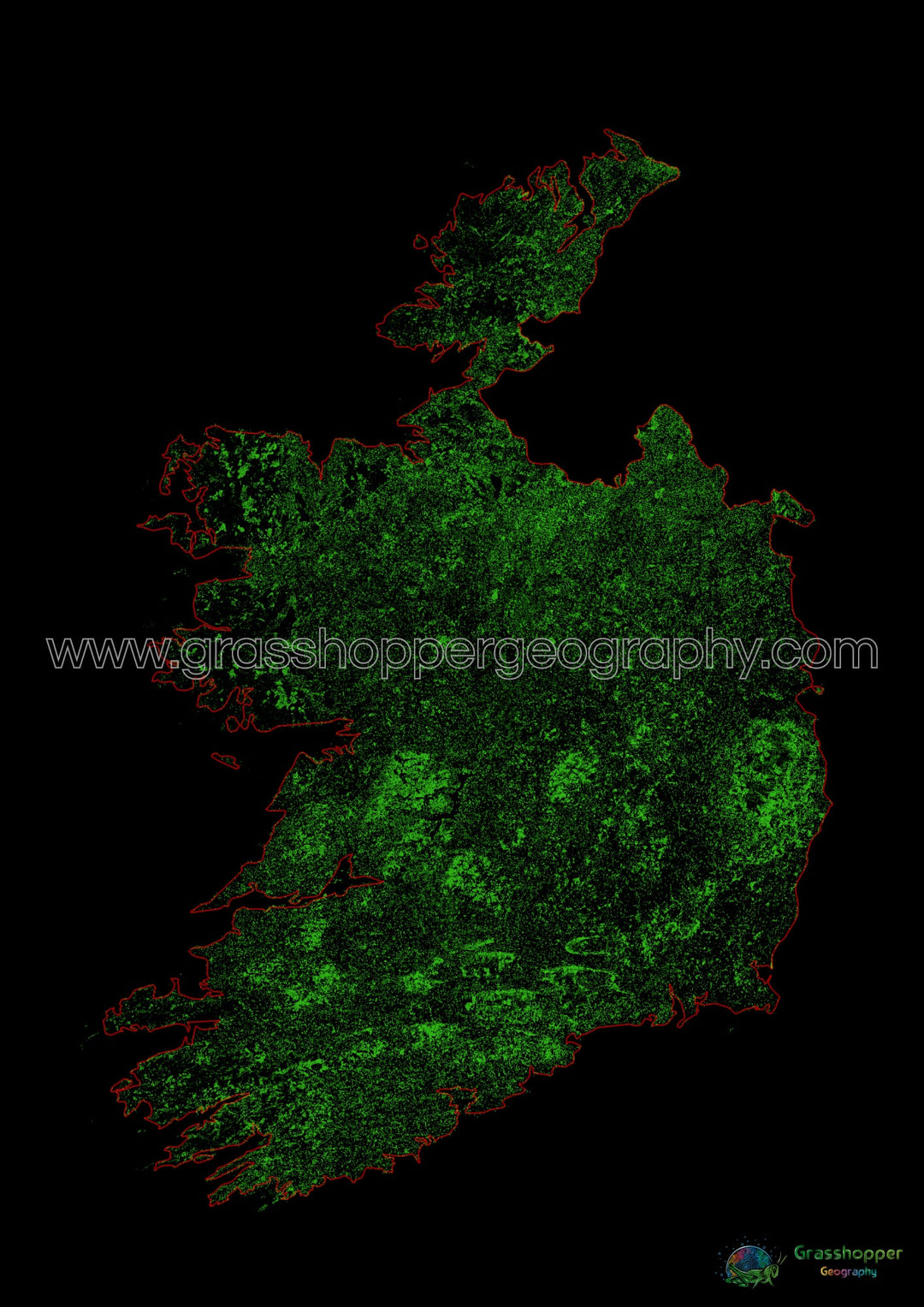 Irlanda - Mapa de cobertura forestal - Impresión de bellas artes