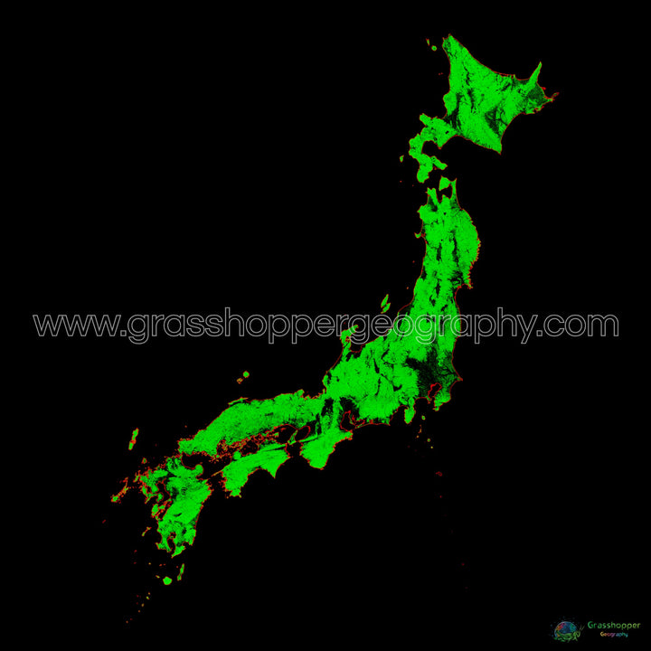 Japón - Mapa de cobertura forestal - Impresión de bellas artes