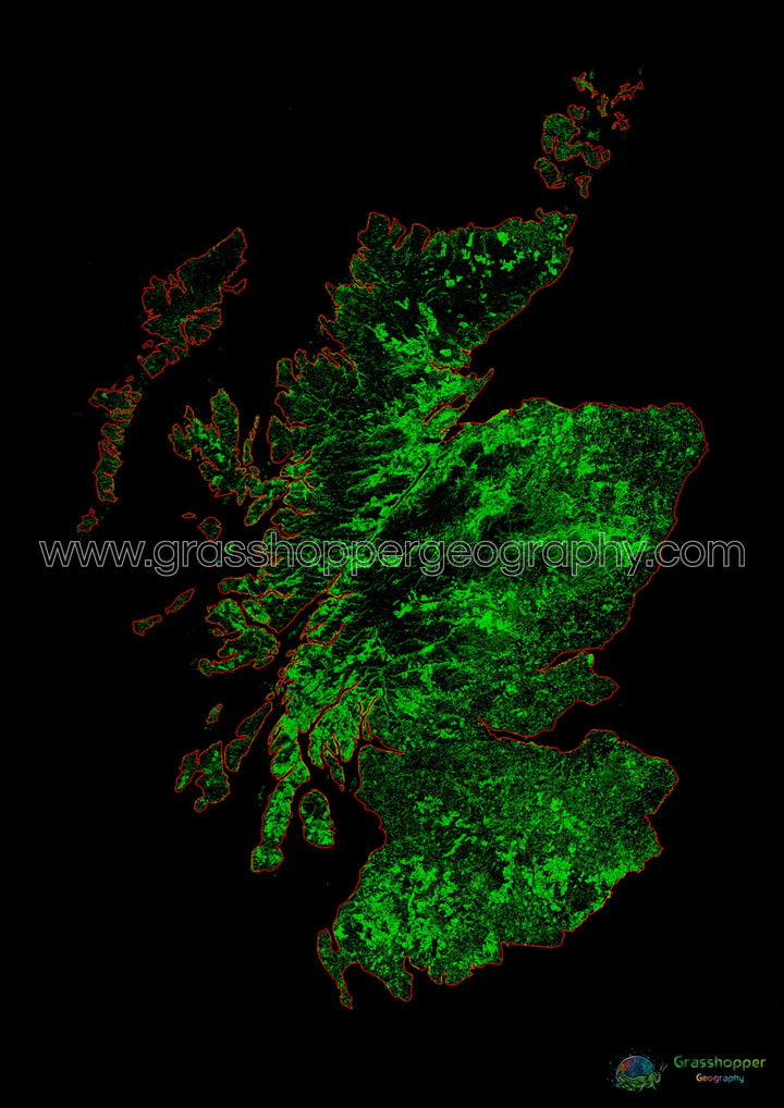 Escocia - Mapa de cobertura forestal - Impresión de bellas artes