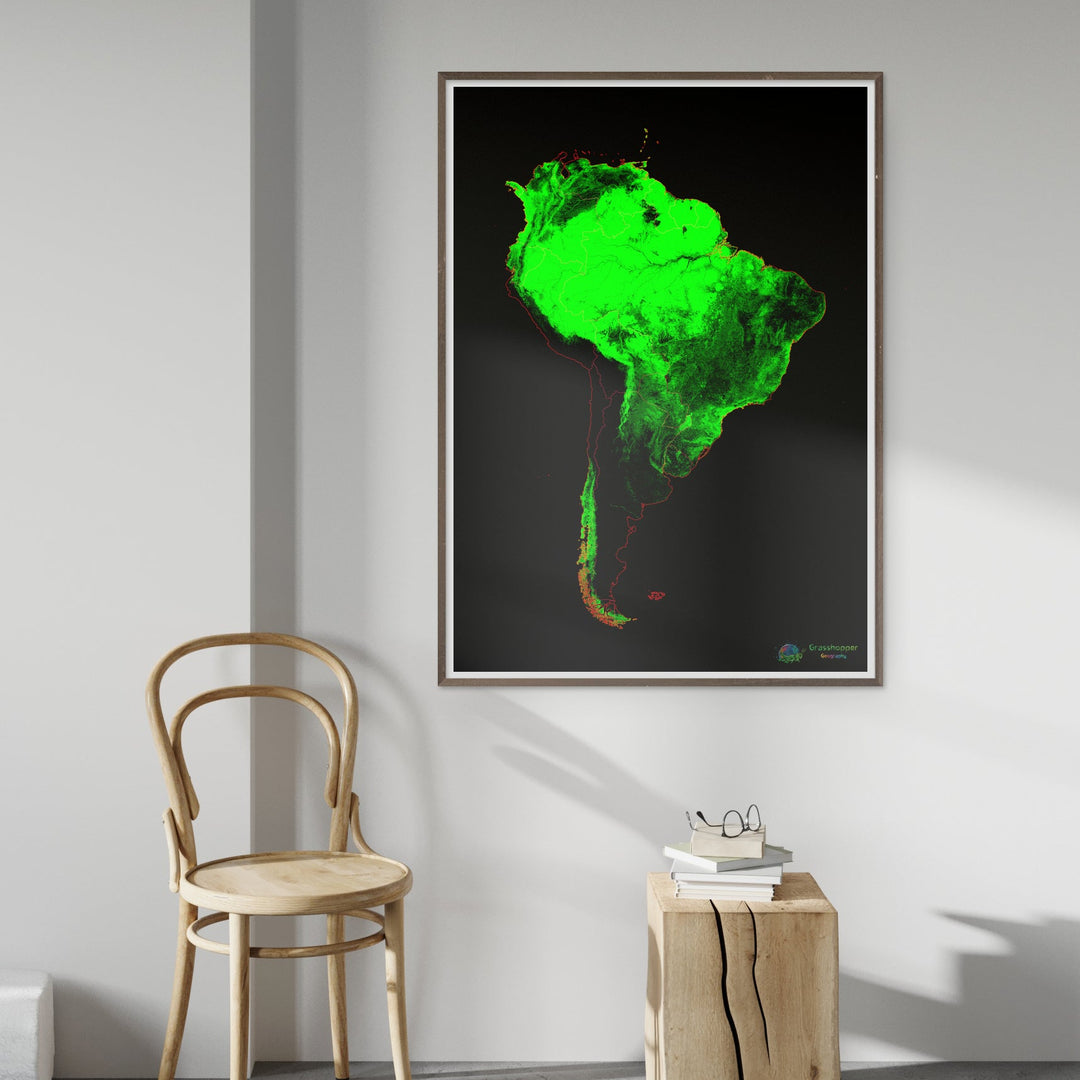América do Sul - Mapa de cobertura florestal - Impressão de belas artes