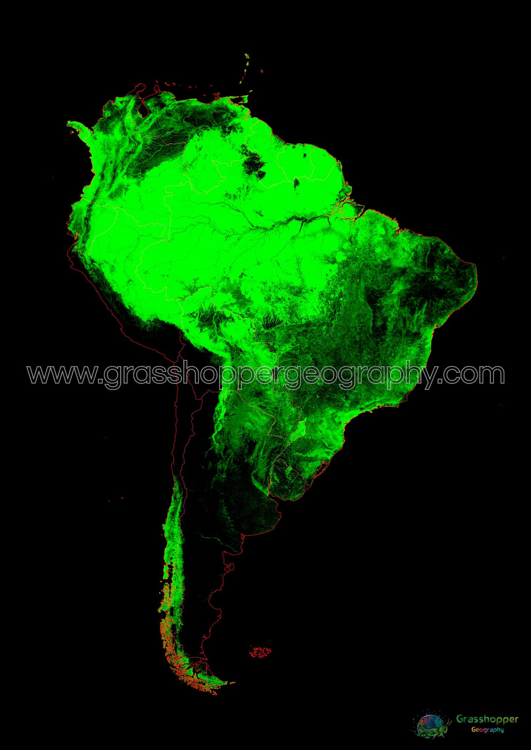 Amérique du Sud - Carte du couvert forestier - Tirage d'art