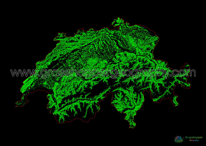 Suiza - Mapa de cobertura forestal - Impresión de bellas artes