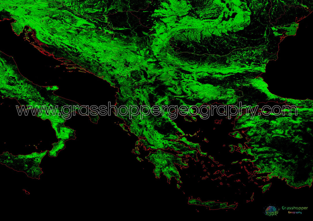 Los Balcanes - Mapa de cobertura forestal - Impresión de bellas artes