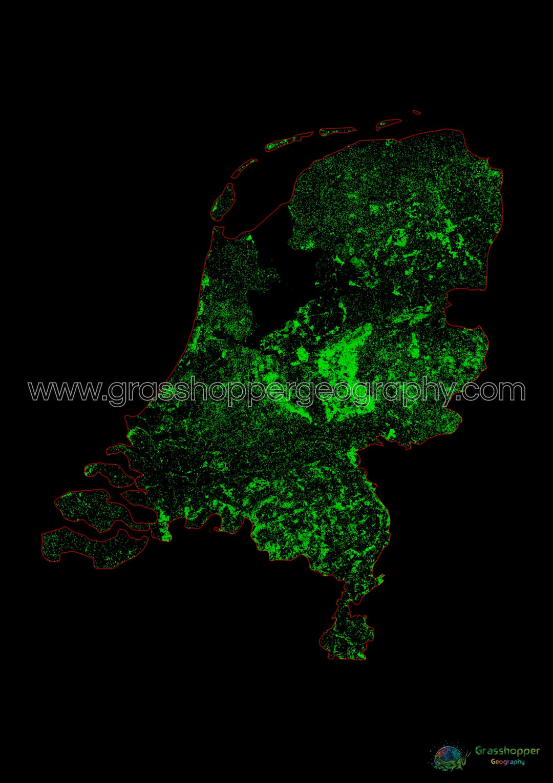 Países Bajos - Mapa de cobertura forestal - Impresión de bellas artes