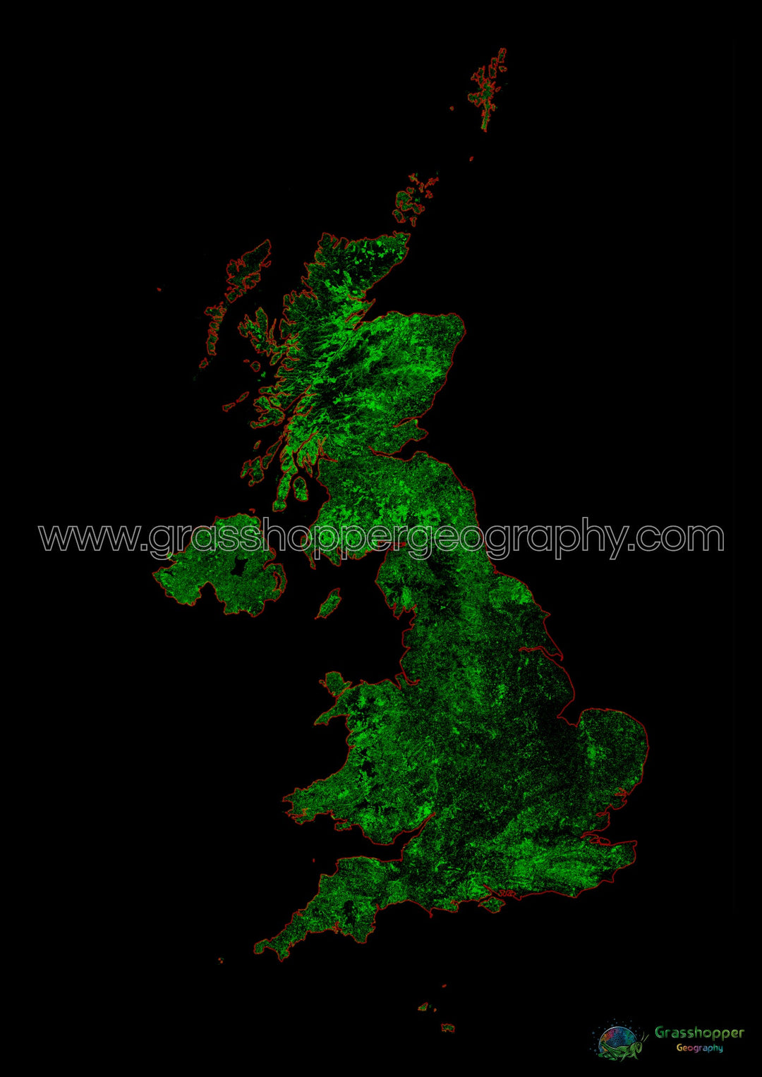 Reino Unido - Mapa de cobertura forestal - Impresión de bellas artes