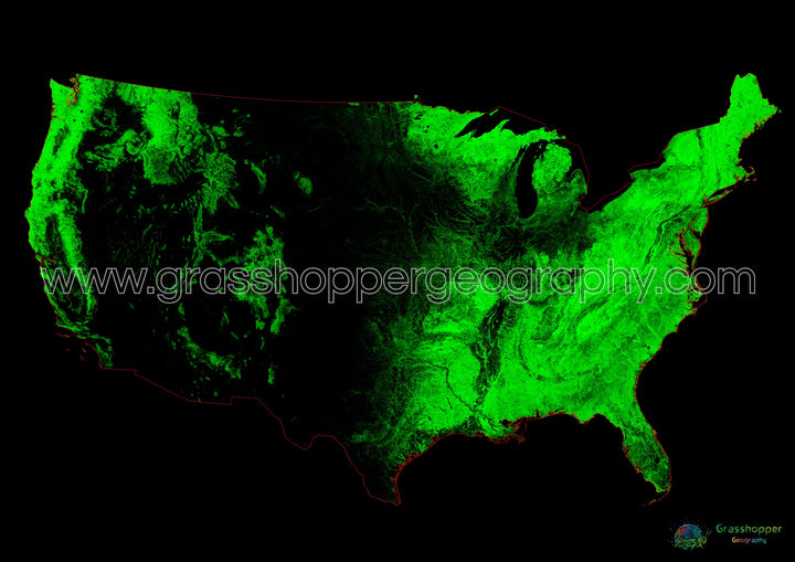 États-Unis - Carte du couvert forestier - Tirage d'art