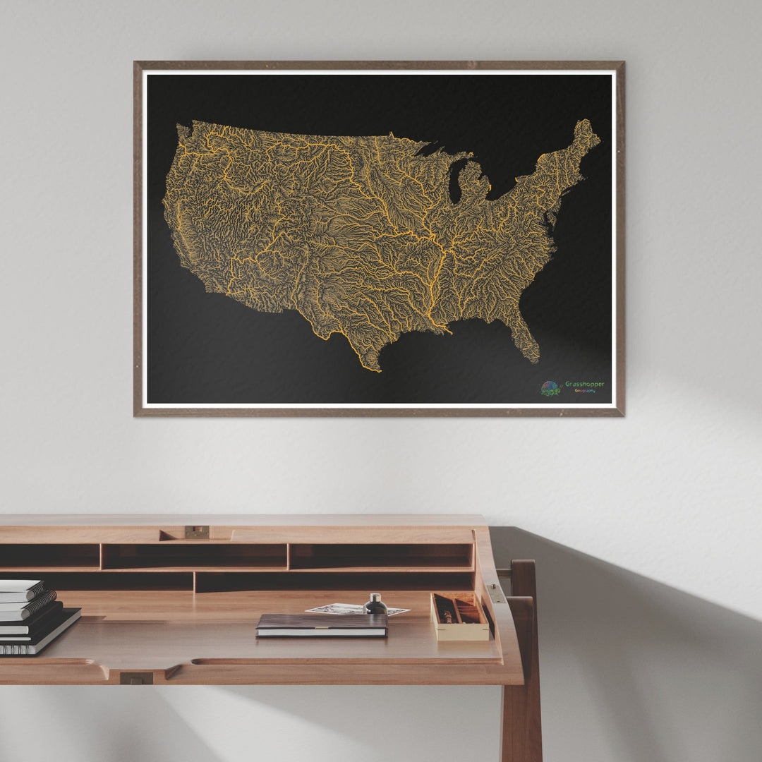 Les États-Unis - Carte fluviale grise et orange sur fond noir - Tirage d'art