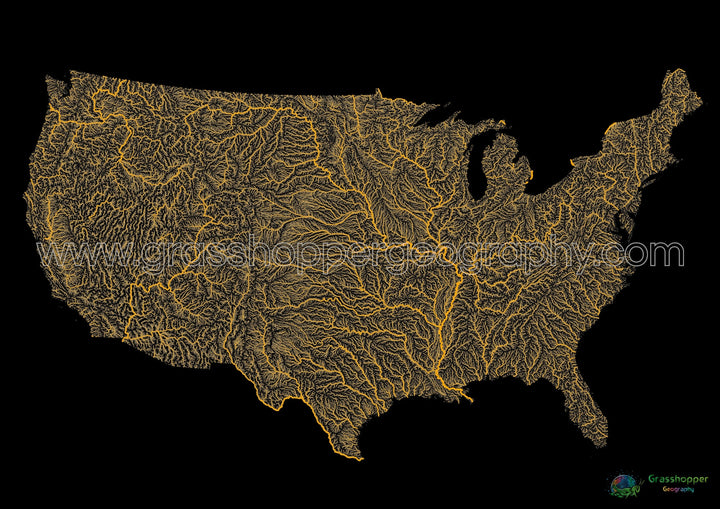 Les États-Unis - Carte fluviale grise et orange sur fond noir - Tirage d'art