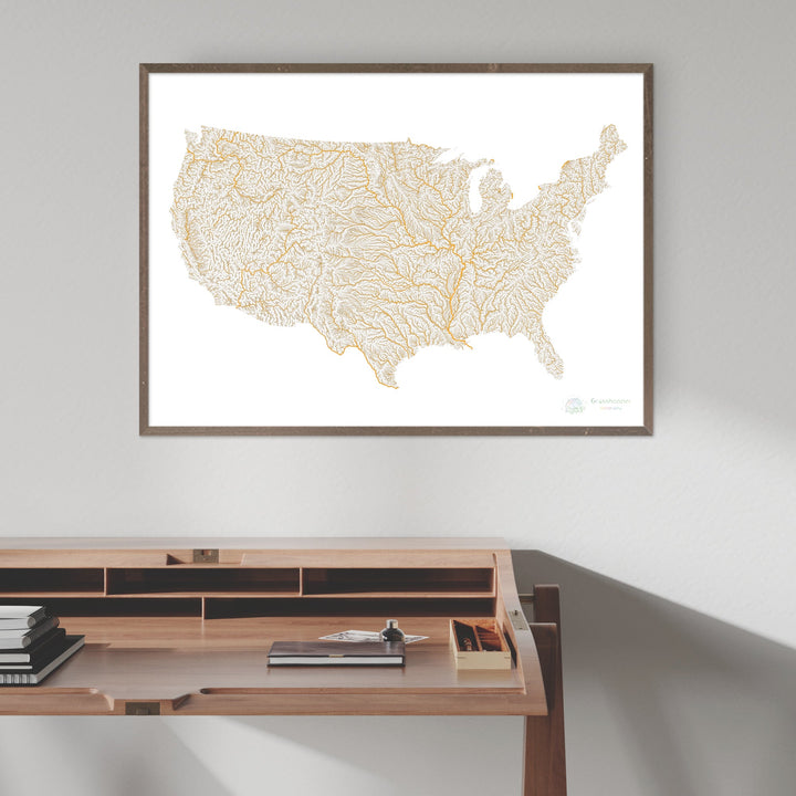 Estados Unidos - Mapa de ríos gris y naranja sobre blanco - Impresión de Bellas Artes