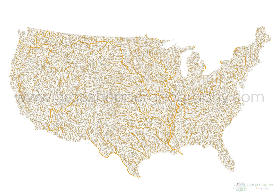 Estados Unidos - Mapa de ríos gris y naranja sobre blanco - Impresión de Bellas Artes