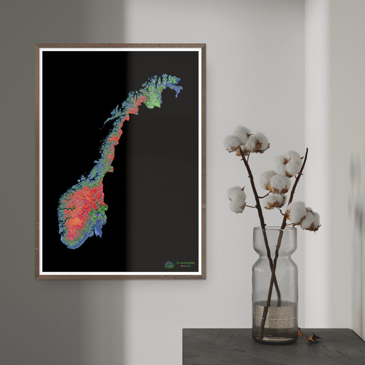 Elevation map of Norway with black background - Fine Art Print