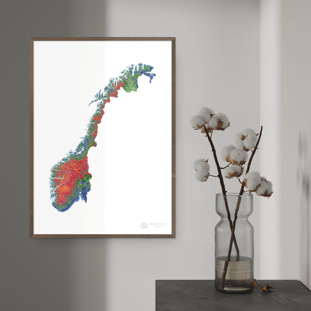 Noruega - Mapa de elevación, blanco - Impresión de Bellas Artes