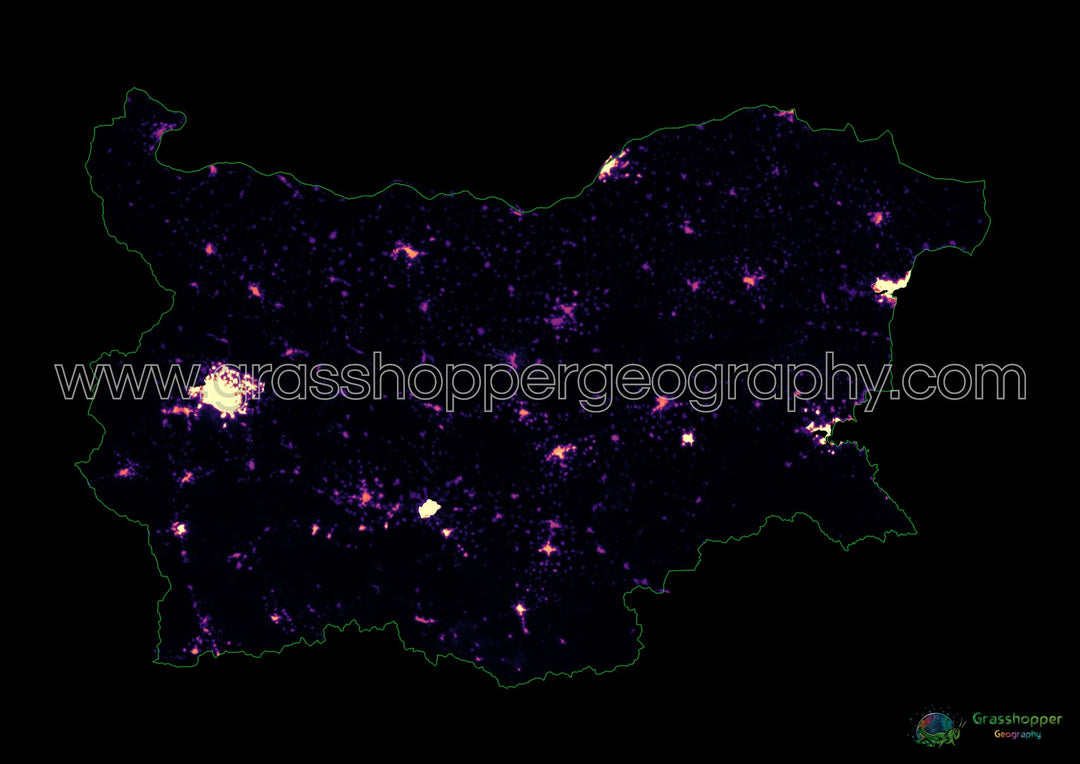 Bulgaria - Mapa de calor de densidad de población - Impresión de bellas artes