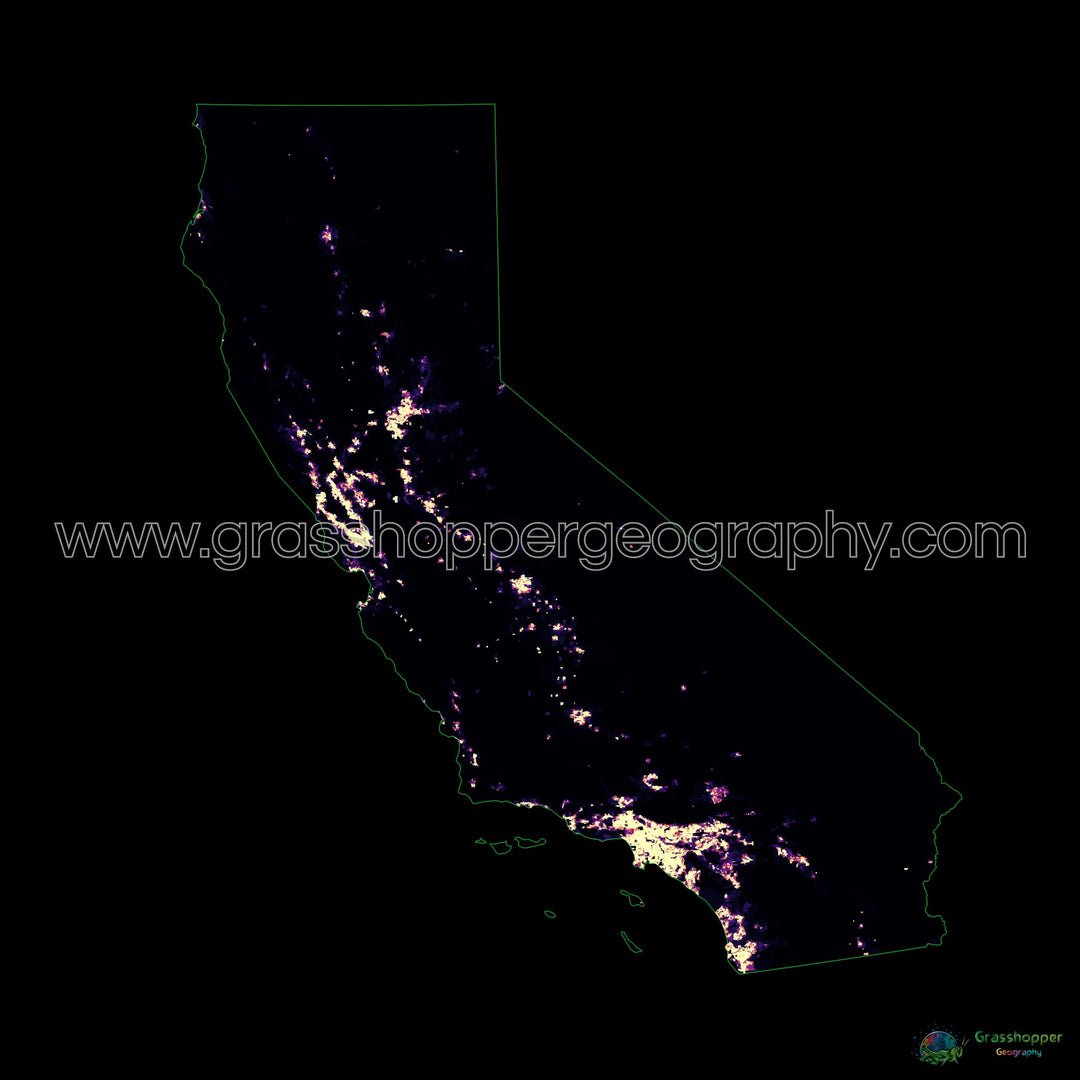 California - Mapa de calor de densidad de población - Impresión de bellas artes