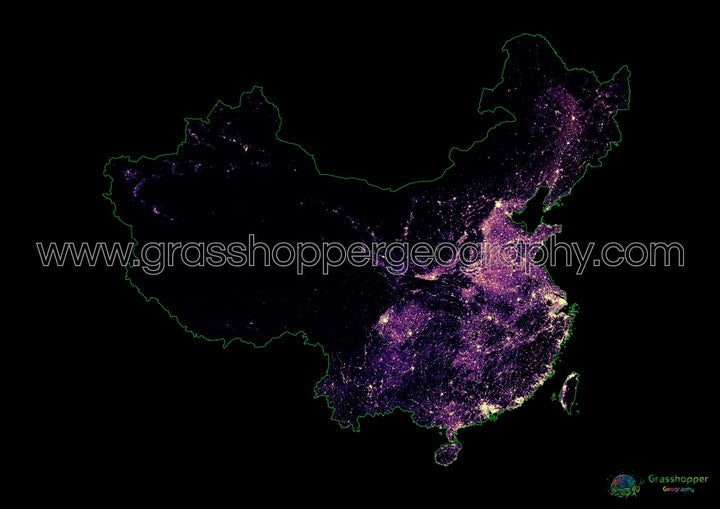 Population density heatmap of China and Taiwan - Fine Art Print