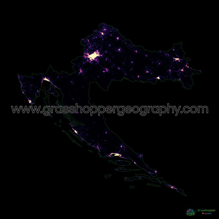 Croacia - Mapa de calor de densidad de población - Impresión de bellas artes
