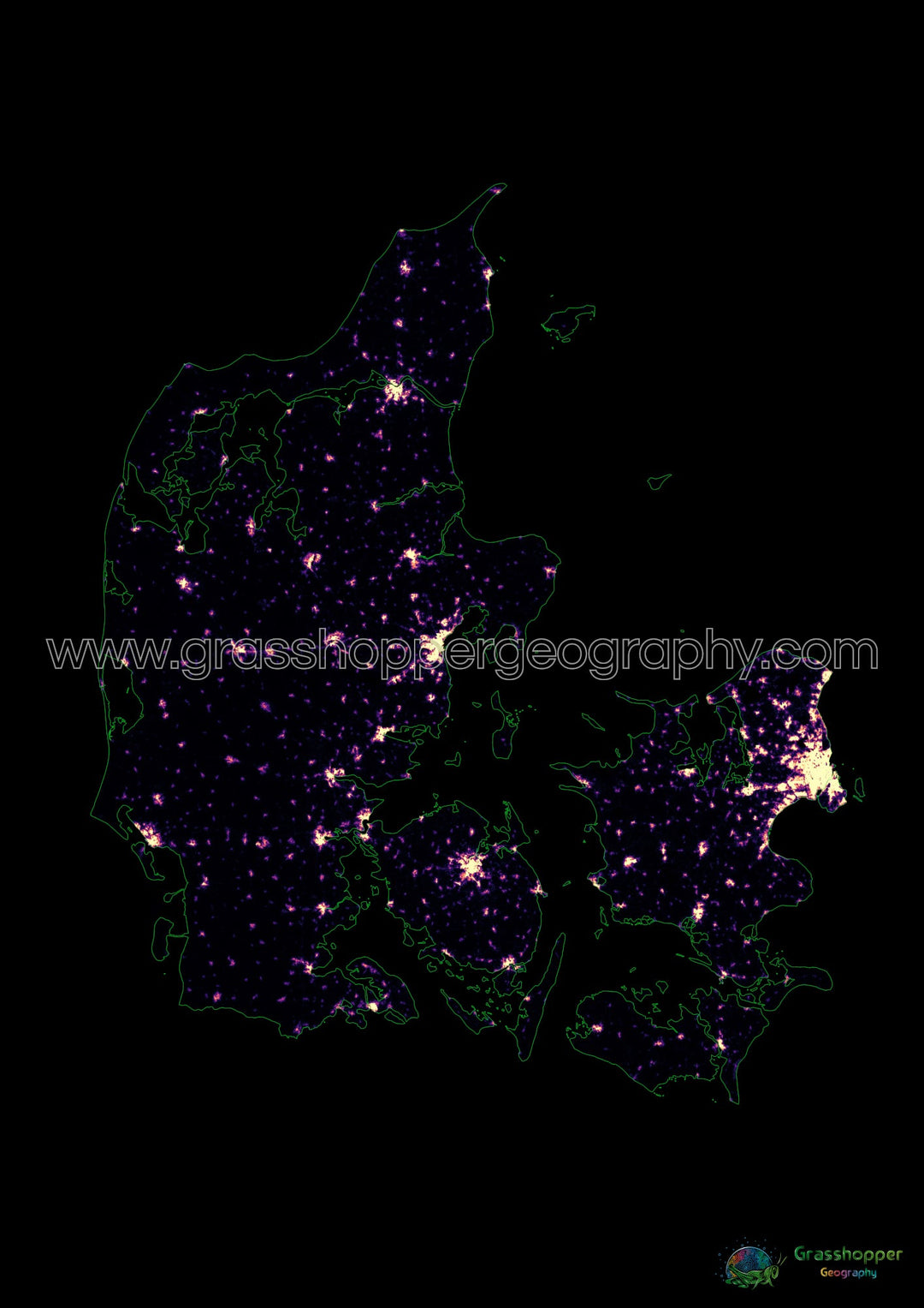 Danemark - Carte thermique de la densité de population - Fine Art Print