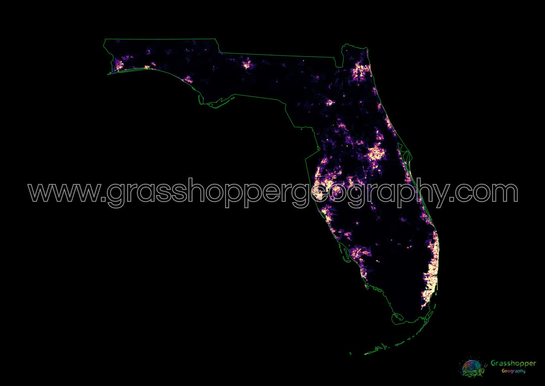 Floride - Carte thermique de la densité de population - Fine Art Print