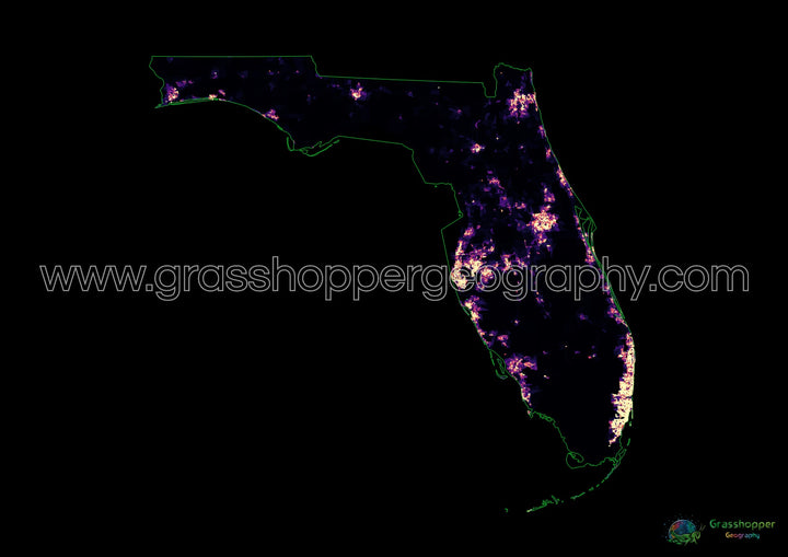 Florida - Mapa de calor de densidad de población - Impresión de bellas artes