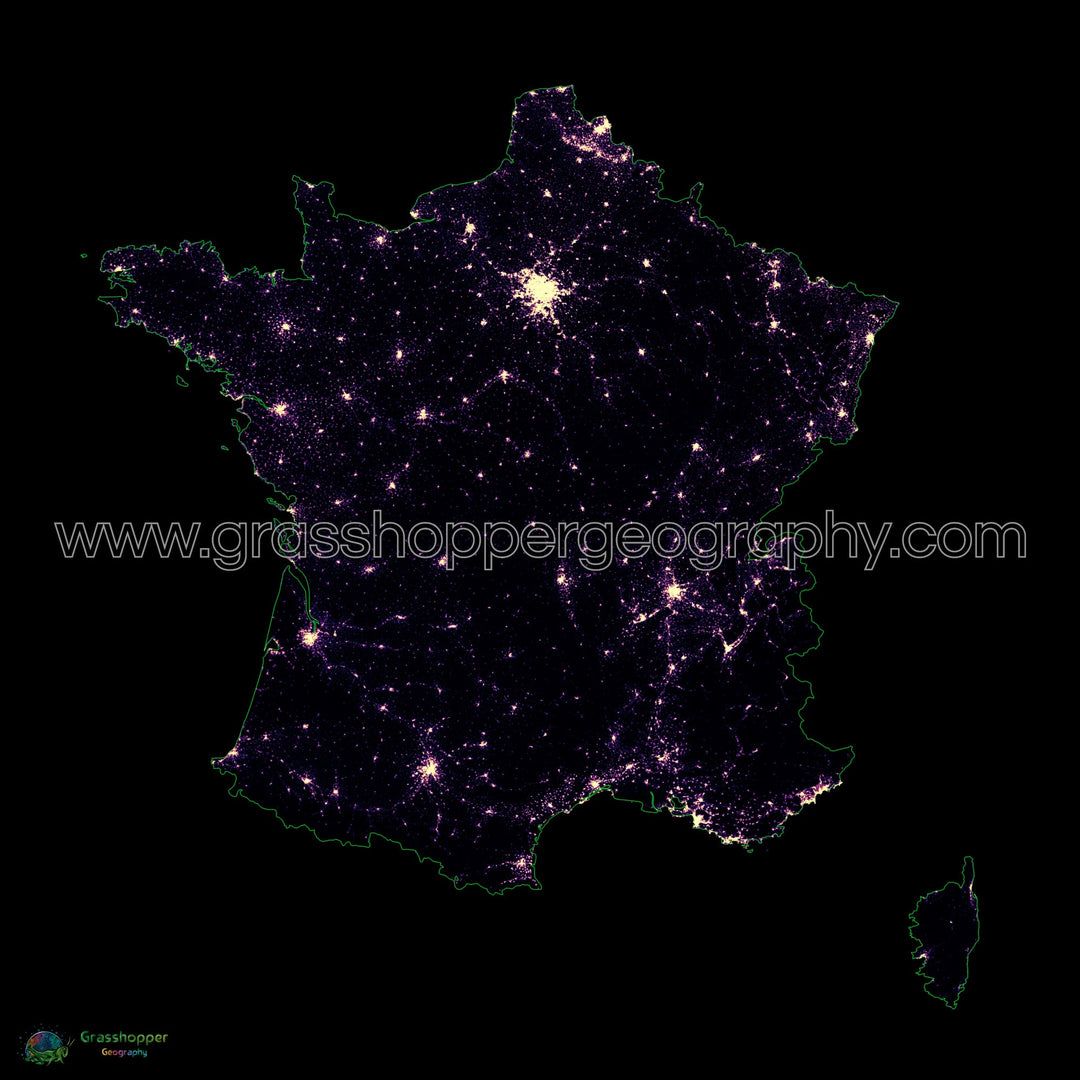 Francia - Mapa de calor de densidad de población - Impresión de bellas artes