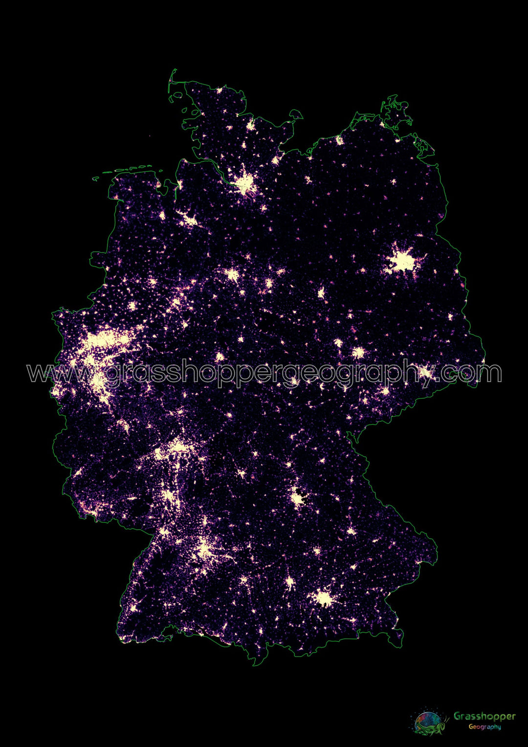 Allemagne - Carte thermique de la densité de population - Fine Art Print