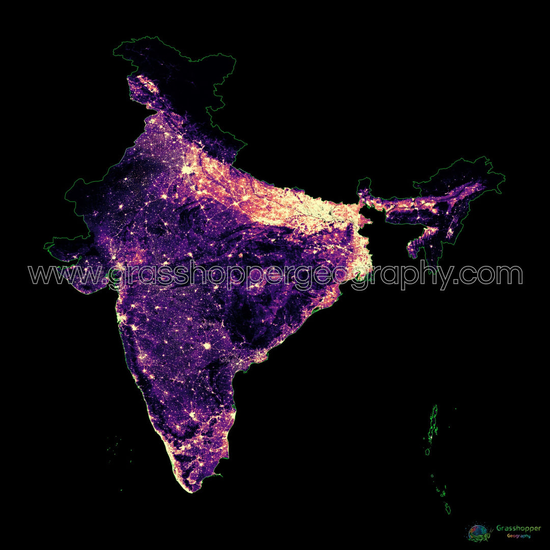 Inde - Carte thermique de la densité de population - Fine Art Print