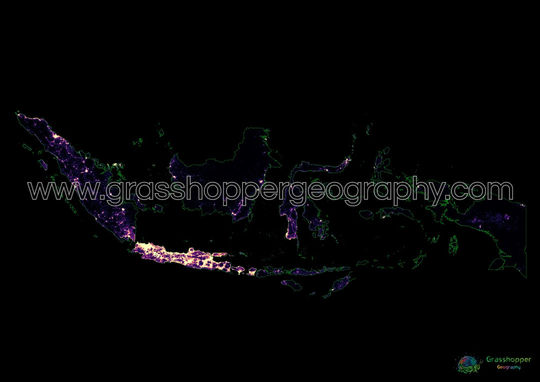 Indonesia - Mapa de calor de densidad de población - Impresión de bellas artes