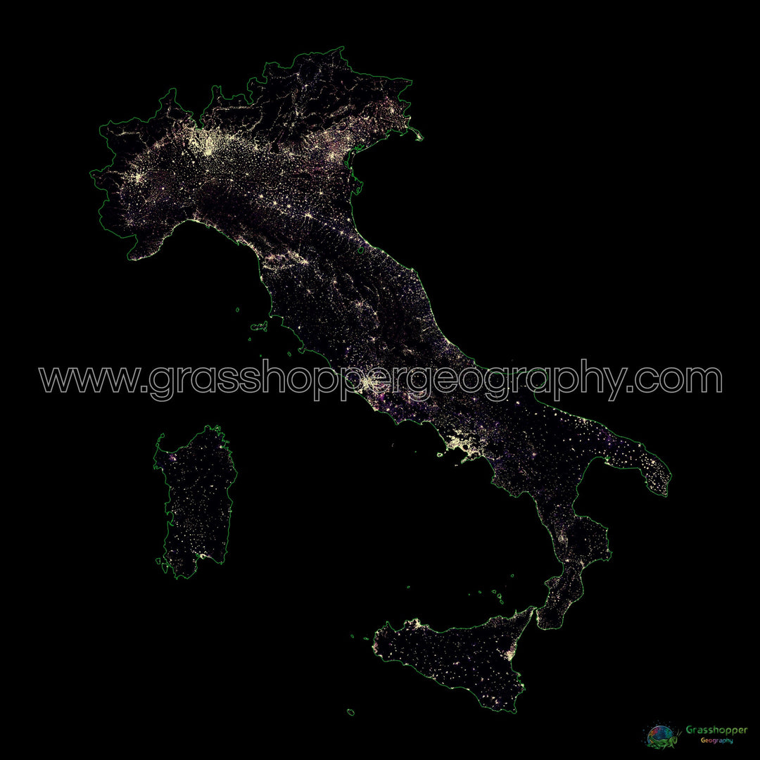 Italie - Carte thermique de la densité de population - Fine Art Print