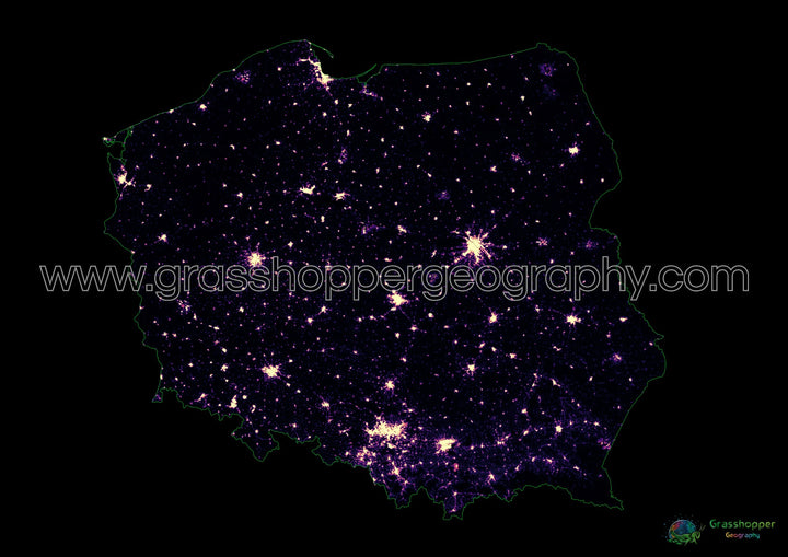 Pologne - Carte thermique de la densité de population - Fine Art Print