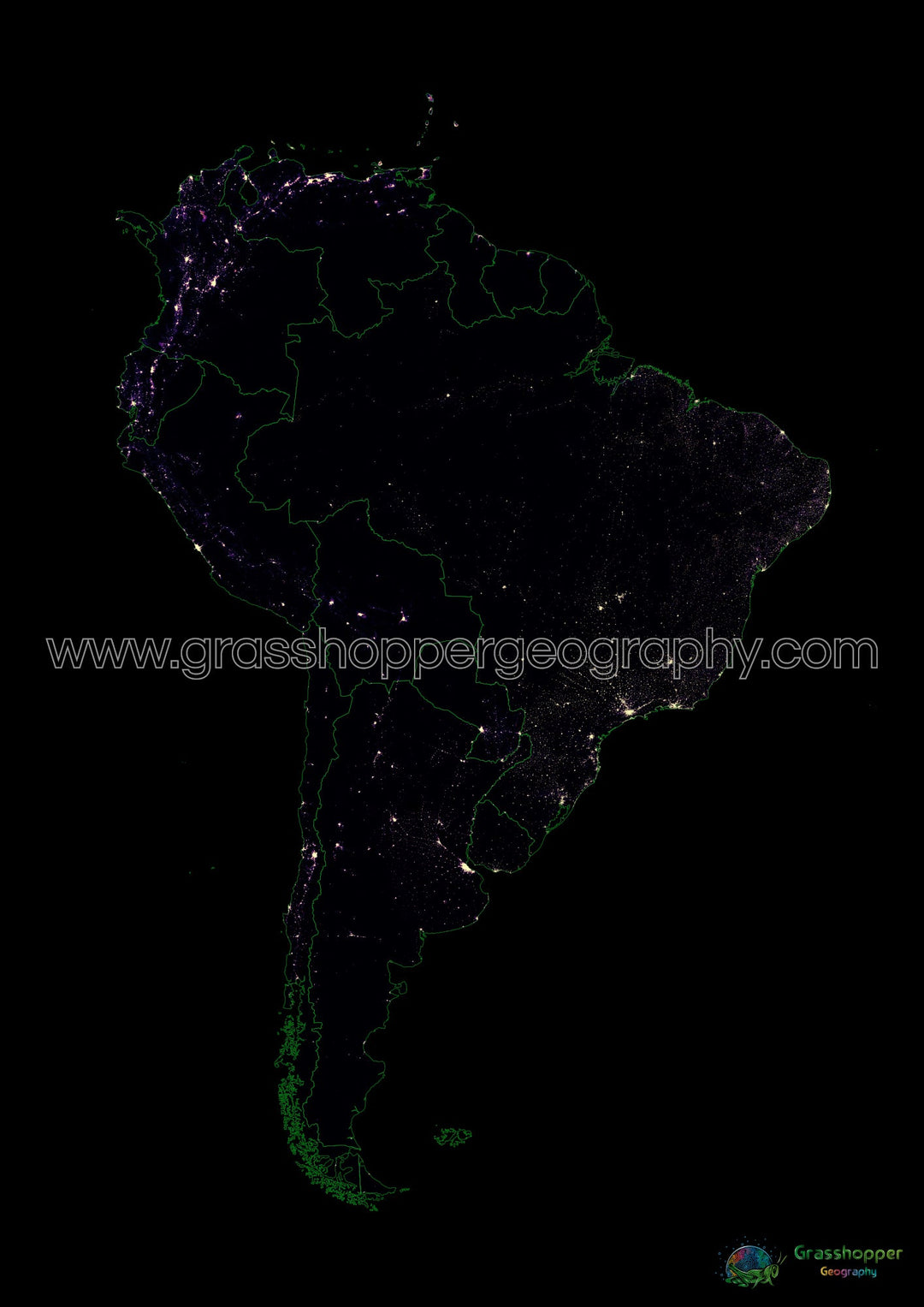 Population density heatmap of South America - Fine Art Print