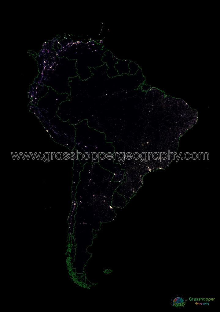 Amérique du Sud - Carte thermique de la densité de population - Fine Art Print