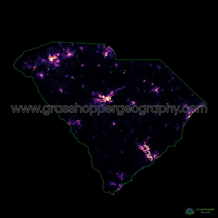 Caroline du Sud - Carte thermique de la densité de population - Fine Art Print