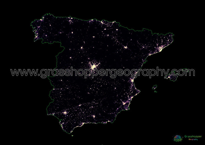 España - Mapa de calor de densidad de población - Impresión de Bellas Artes
