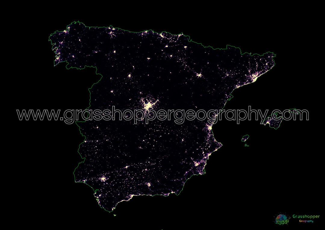 Espagne - Carte thermique de la densité de population - Fine Art Print