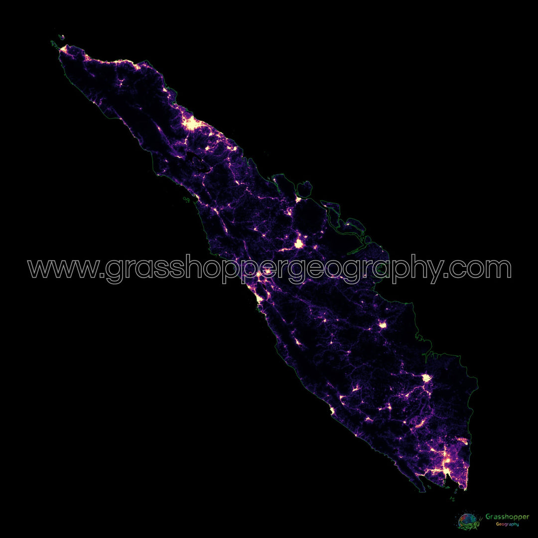 Sumatra - Carte thermique de la densité de population - Fine Art Print