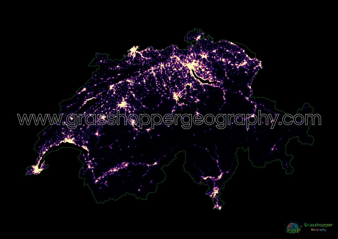 Suiza - Mapa de calor de densidad de población - Impresión de bellas artes