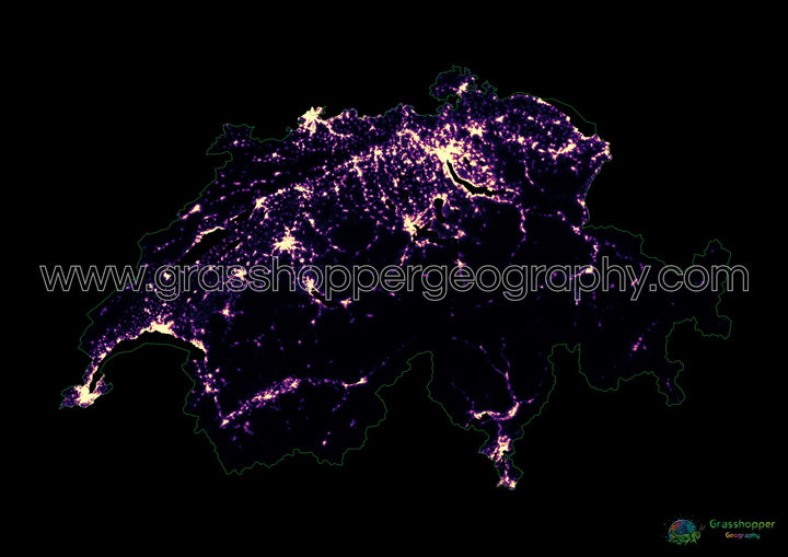 Suisse - Carte thermique de la densité de population - Fine Art Print