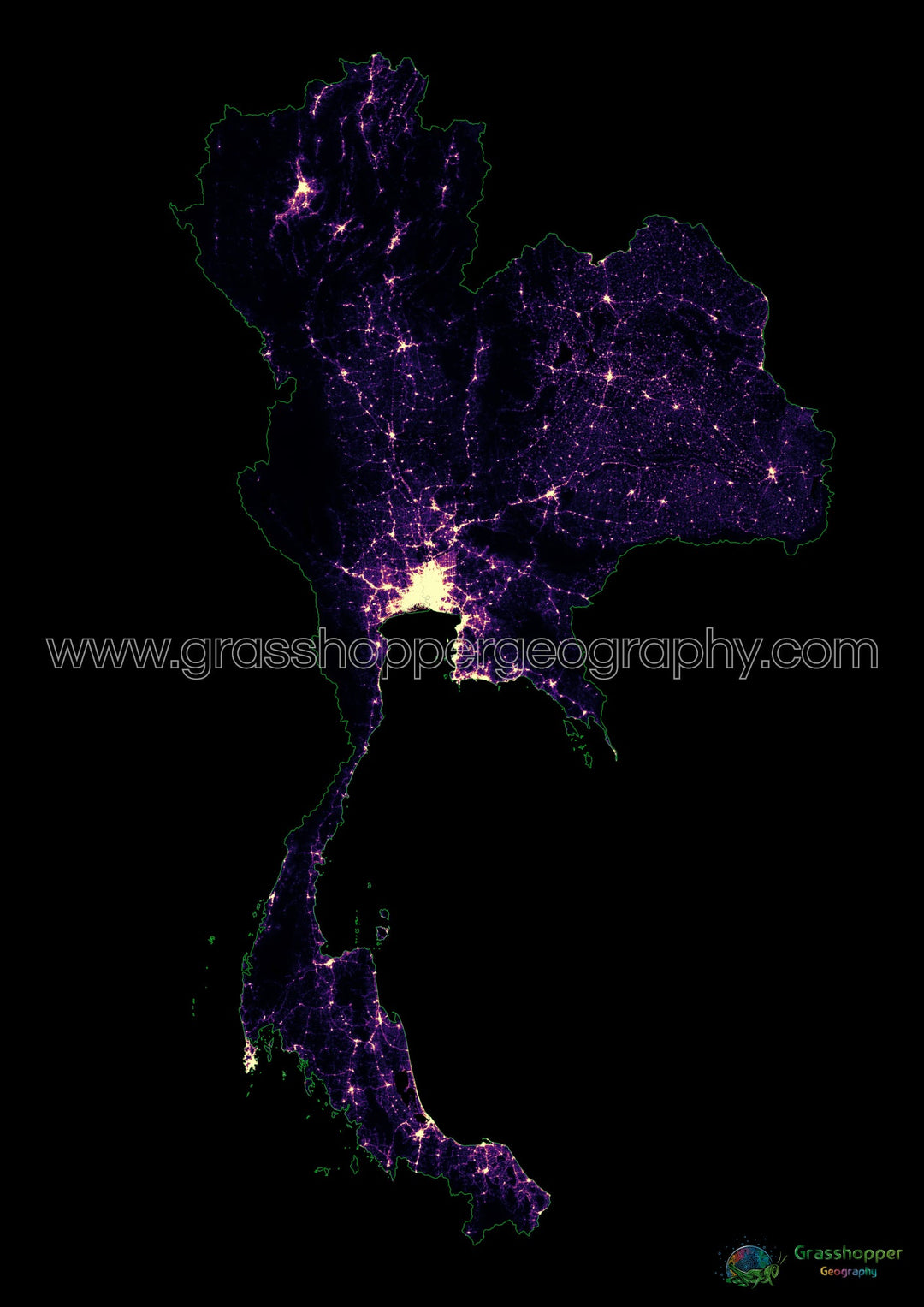 Thaïlande - Carte thermique de la densité de population - Fine Art Print